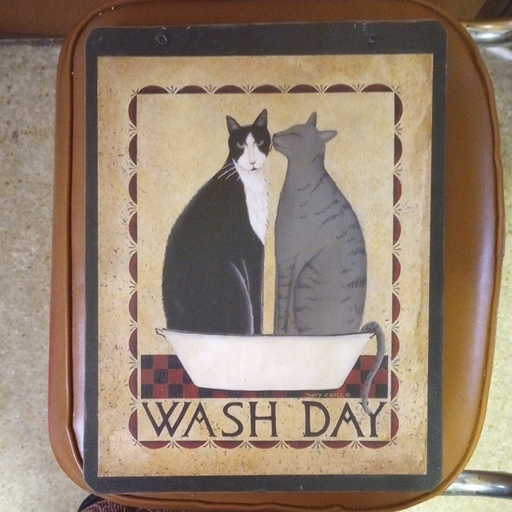 Vintage Country Cat Wall Hanging, Wash Day.  Black White Gray Cream Red Black